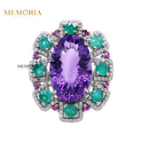 Natural Amethyst, Diamond, Emerald and Sapphire 925 Silver Ring