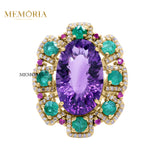 Natural Amethyst, Diamond, Emerald and Sapphire 925 Silver Ring