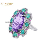 Natural Amethyst, Diamond, Emerald and Sapphire 925 Silver Ring