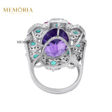 Natural Amethyst, Diamond, Emerald and Sapphire 925 Silver Ring