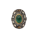 Natural Emerald Gemstone and Polki Diamond 925 Sterling Silver Gold Plated Ring