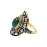 Natural Emerald Gemstone and Polki Diamond 925 Sterling Silver Gold Plated Ring