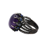 Natural Amethyst, Blue Sapphire Gemstone and Diamond 925 Silver Black Rhodium Plated Ring