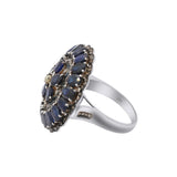 Natural Blue Sapphire Gemstone and Diamond 925 Sterling Silver Floral Ring