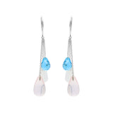 Tear Drop Cat's Eye, Blue Topaz and Rose Quartz 14k Gold Designer Earring