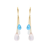 Tear Drop Cat's Eye, Blue Topaz and Rose Quartz 14k Gold Designer Earring