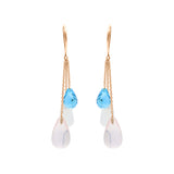 Tear Drop Cat's Eye, Blue Topaz and Rose Quartz 14k Gold Designer Earring