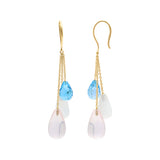 Tear Drop Cat's Eye, Blue Topaz and Rose Quartz 14k Gold Designer Earring