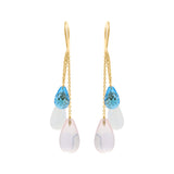 Tear Drop Cat's Eye, Blue Topaz and Rose Quartz 14k Gold Designer Earring