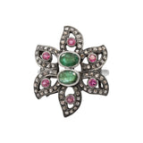 Flower Emerald Ruby and Diamond 925 Silver Designer Ring
