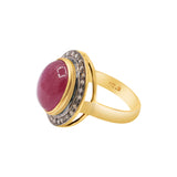 Natural Ruby Oval Shaped Gemstone and Diamond 925 Sterling Silver Gold Plated Ring