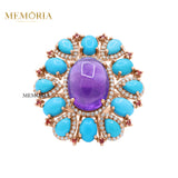 Natural Amethyst, Turquoise With Diamond 925 Sterling Silver Ring