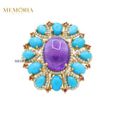 Natural Amethyst, Turquoise With Diamond 925 Sterling Silver Ring