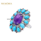 Natural Amethyst, Turquoise With Diamond 925 Sterling Silver Ring