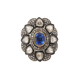Natural Blue Sapphire Gemstone and Polki Diamond 925 Sterling Silver Gold Plated Ring