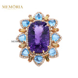 Natural Amethyst, Blue Topaz Gemstone and Diamond 925 Sterling Silver Ring