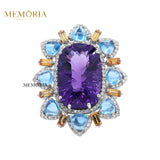 Natural Amethyst, Blue Topaz Gemstone and Diamond 925 Sterling Silver Ring