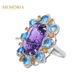 Natural Amethyst, Blue Topaz Gemstone and Diamond 925 Sterling Silver Ring