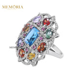 Multi Stone, Blue Topaz Gemstone With Diamond 925 Sterling Silver Cocktail Ring