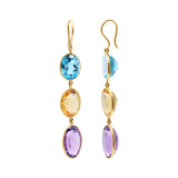 Natural Citrine, Blue Topaz and Amethyst Oval Shaped Gemstone 18k Gold Dangle Earring