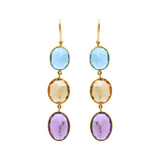 Natural Citrine, Blue Topaz and Amethyst Oval Shaped Gemstone 18k Gold Dangle Earring