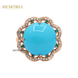 Natural Turquoise, Diamond and Emerald Gemstone 925 Sterling Silver Ring