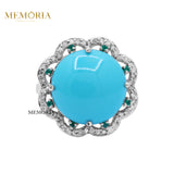 Natural Turquoise, Diamond and Emerald Gemstone 925 Sterling Silver Ring
