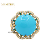 Natural Turquoise, Diamond and Emerald Gemstone 925 Sterling Silver Ring