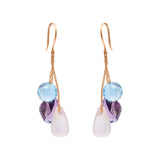 Handmade Natural Amethyst, Blue Topaz and Rose Quartz Gemstone 18k Gold Drop Earring