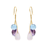 Handmade Natural Amethyst, Blue Topaz and Rose Quartz Gemstone 18k Gold Drop Earring