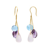 Handmade Natural Amethyst, Blue Topaz and Rose Quartz Gemstone 18k Gold Drop Earring