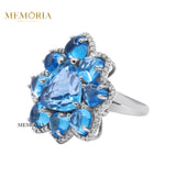 Natural Blue Topaz Gemstone and Diamond 925 Sterling Silver Ring