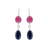 Natural Blue Sapphire, Ruby Gemstone and Crystal 18k Gold Drop Earring