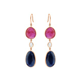 Natural Blue Sapphire, Ruby Gemstone and Crystal 18k Gold Drop Earring