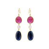Natural Blue Sapphire, Ruby Gemstone and Crystal 18k Gold Drop Earring