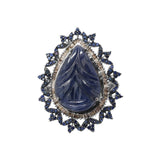 Natural Blue Sapphire Carved Gemstone & Diamond 925 Sterling Silver Ring