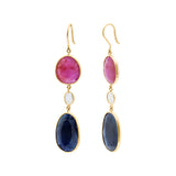 Natural Blue Sapphire, Ruby Gemstone and Crystal 18k Gold Drop Earring