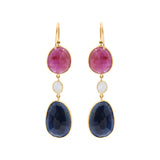 Natural Blue Sapphire, Ruby Gemstone and Crystal 18k Gold Drop Earring