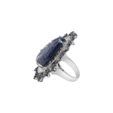 Natural Blue Sapphire Carved Gemstone & Diamond 925 Sterling Silver Ring