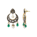 Natural Emerald Gemstone Pearl and Polki Diamond 925 Sterling Silver Earring