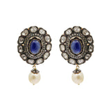 Natural Blue Sapphire Gemstone Pearl & Polki Diamond 925 Sterling Silver Earring
