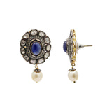 Natural Blue Sapphire Gemstone Pearl & Polki Diamond 925 Sterling Silver Earring
