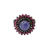 925 Sterling Silver Natural Tanzanite, Pink Sapphire Gemstone and Diamond Black Rhodium Ring