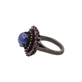 925 Sterling Silver Natural Tanzanite, Pink Sapphire Gemstone and Diamond Black Rhodium Ring