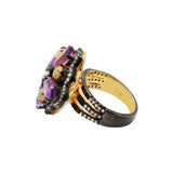 Natural Amethyst, Opal and Diamond 925 Silver Designer Gold Plated Ring