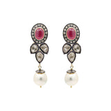 Natural Ruby Gemstone Pearl and Polki Diamond 925 Sterling Silver Earring