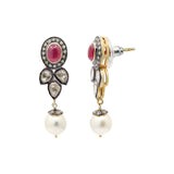 Natural Ruby Gemstone Pearl and Polki Diamond 925 Sterling Silver Earring