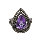 Pear Shaped Amethyst and Diamond 925 Sterling Silver Black Rhodium Ring