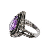 Pear Shaped Amethyst and Diamond 925 Sterling Silver Black Rhodium Ring