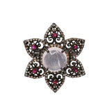 Star Rose Quartz, Ruby and Diamond 925 Silver Black Rhodium Plated Ring